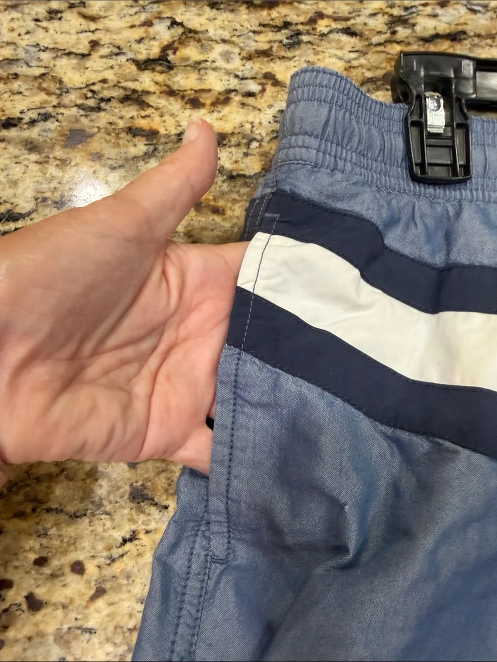 Tommy Hilfiger Men’s Blue Swim Trunks with Red & White Diagonal Stripe